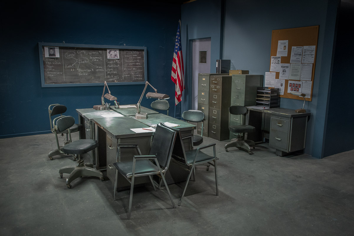 Police Station Standing Set in LA Interrogation Room, Jail Cells, Bullpen