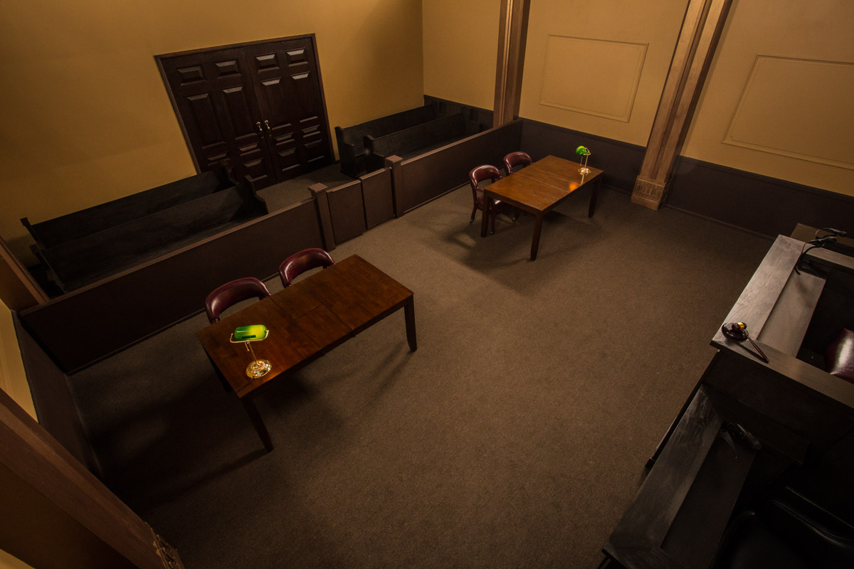 Witness stand set in a courthouse stage.